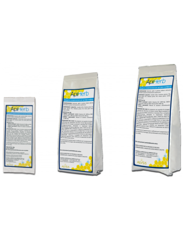 Diverse confezioni ApiHerb Alveis mangime per api in formati assortiti