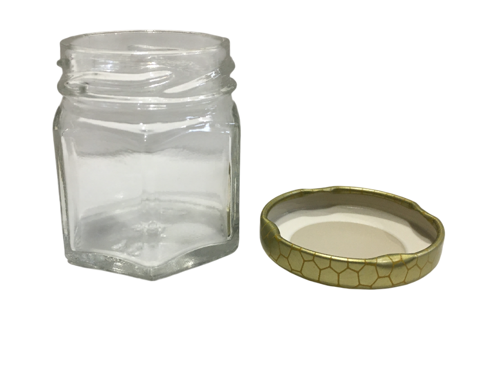 vasetto in vetro esagonale da 47 ml per miele con tappo oro alveare