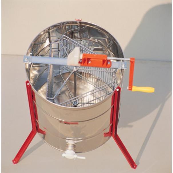 smelatore tangenziale manuale in acciaio inox con supporto rosso e manovella laterale per smielatura professionale a 6 telaini
