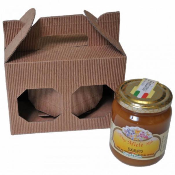 scatola portavasetti in cartoncino marrone per due vasetti da 500 grammi miele