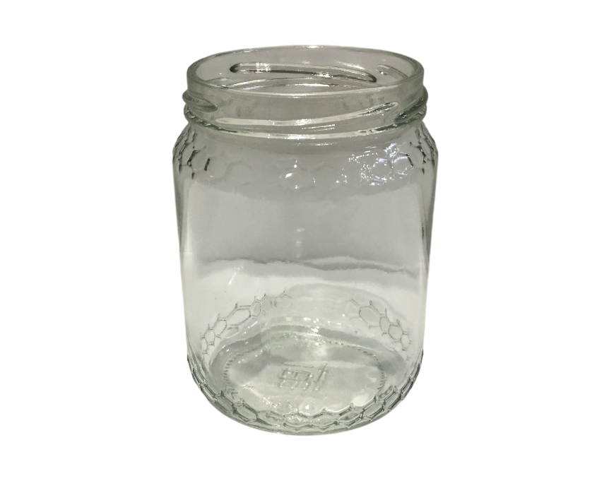 vaso in vetro trasparente da 500 grammi per miele senza capsula