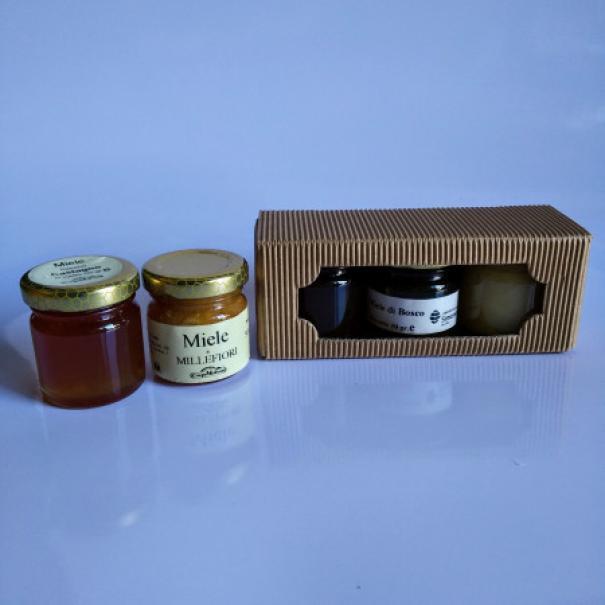 Scatola in cartoncino avana per quattro vasetti di miele o marmellata da 50 grammi ideale per confezioni regalo