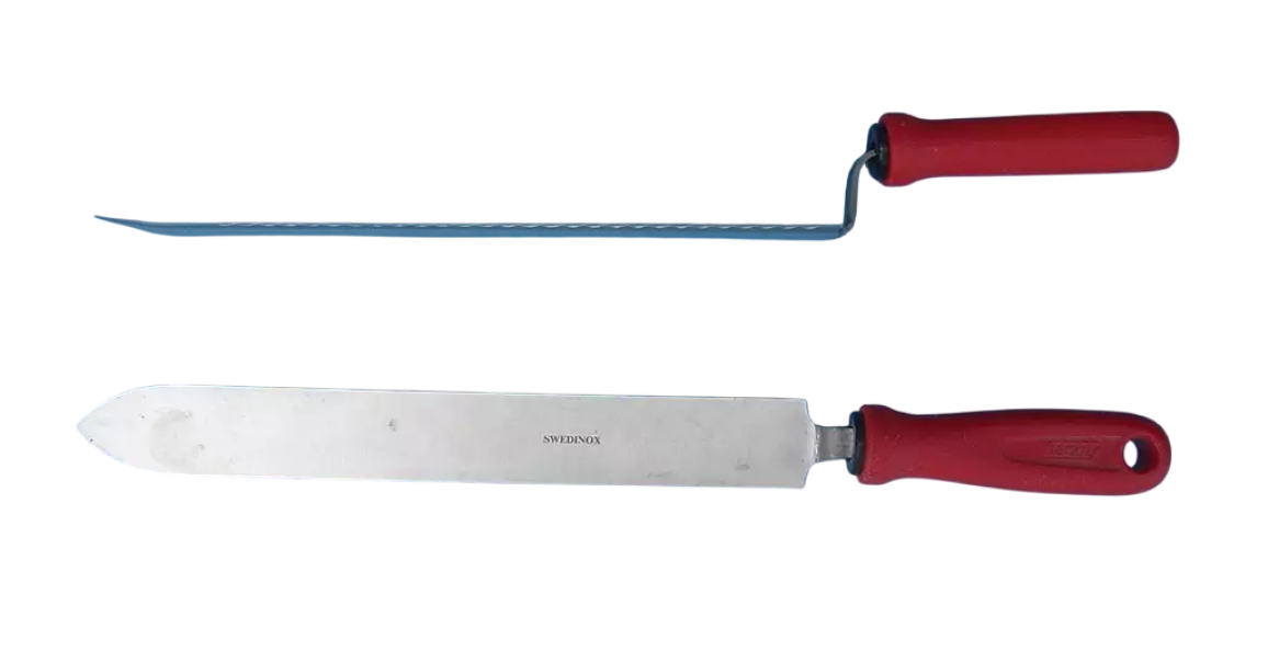 coltello per disopercolare favi in acciaio inox con impugnatura rossa professionale per apicoltura
