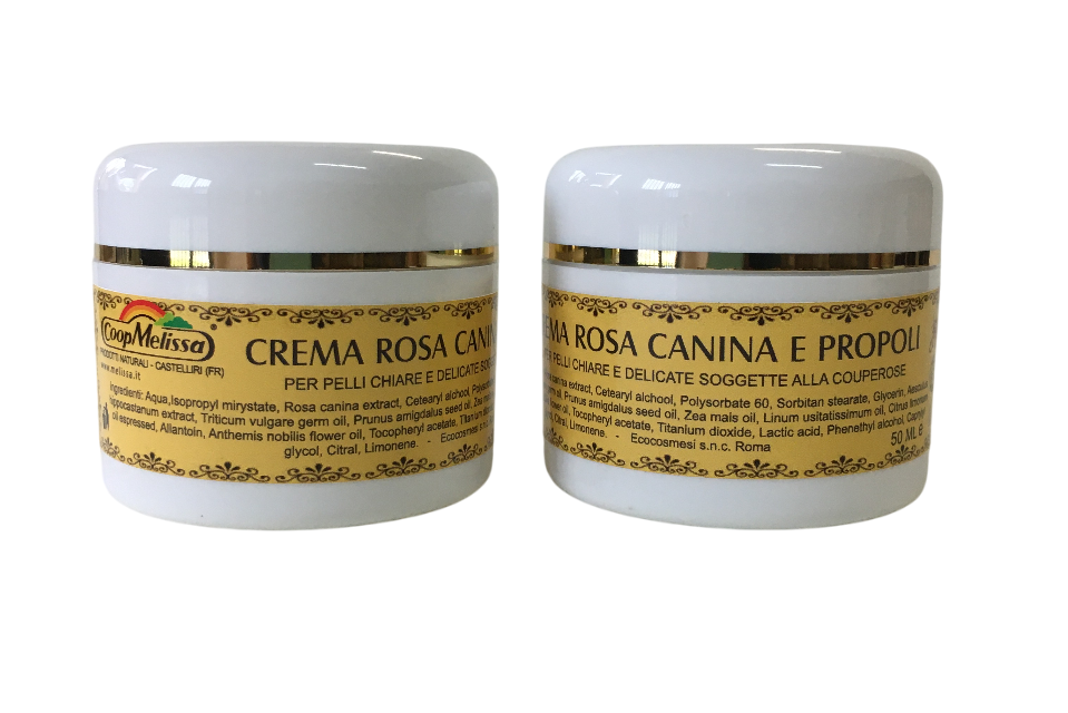 Vasetti crema rosa canina propoli Coop Melissa vista frontale e laterale