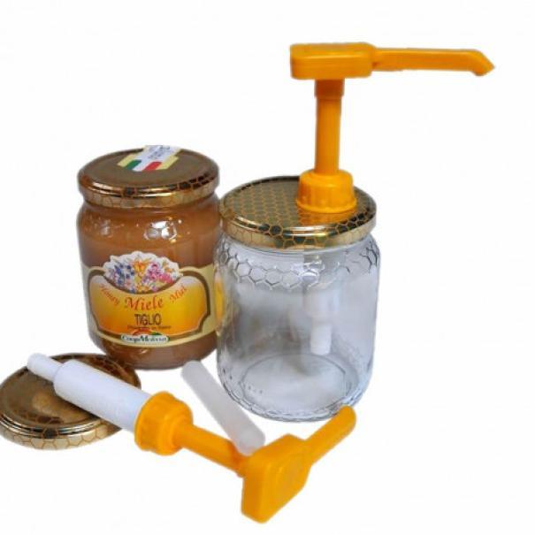 set dispenser miele con pompa in polietilene e tappi per vasetti da 500 grammi e 1000 grammi accessori apicoltura