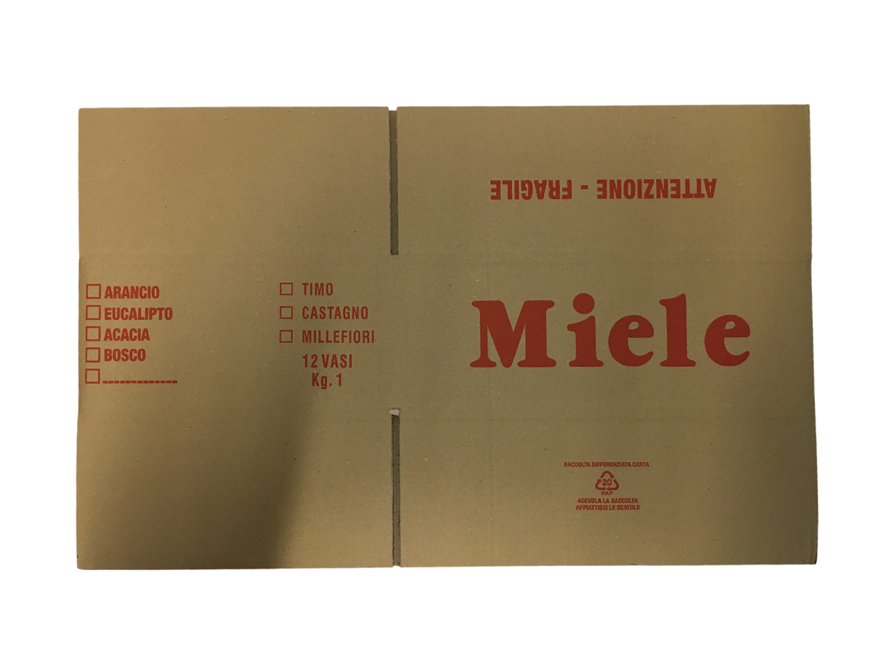 scatola cartone per trasporto 12 vasi miele da 1 kg apicoltura com vista stesa