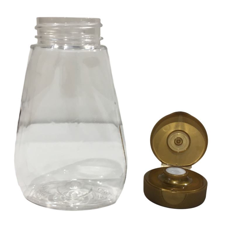 Vasetto squeezer aperto con tappo dorato separato corpo trasparente in plastica alimentare per dosaggio miele