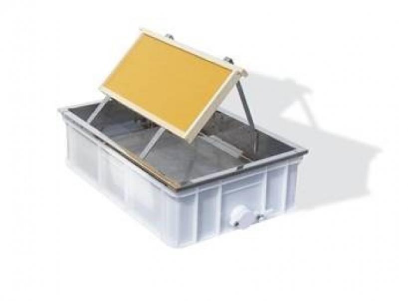 Banco disopercolatore da tavolo in plastica alimentare per apicoltura con cestello inox e leggio porta-telaino