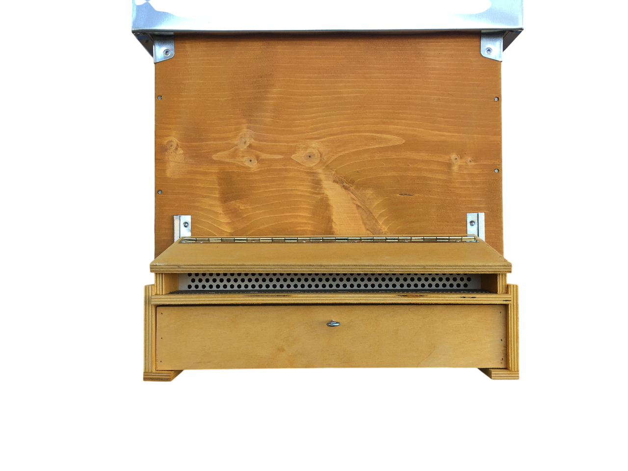 Vista frontale trappola esterna raccolta polline per arnia cubica 10 favi