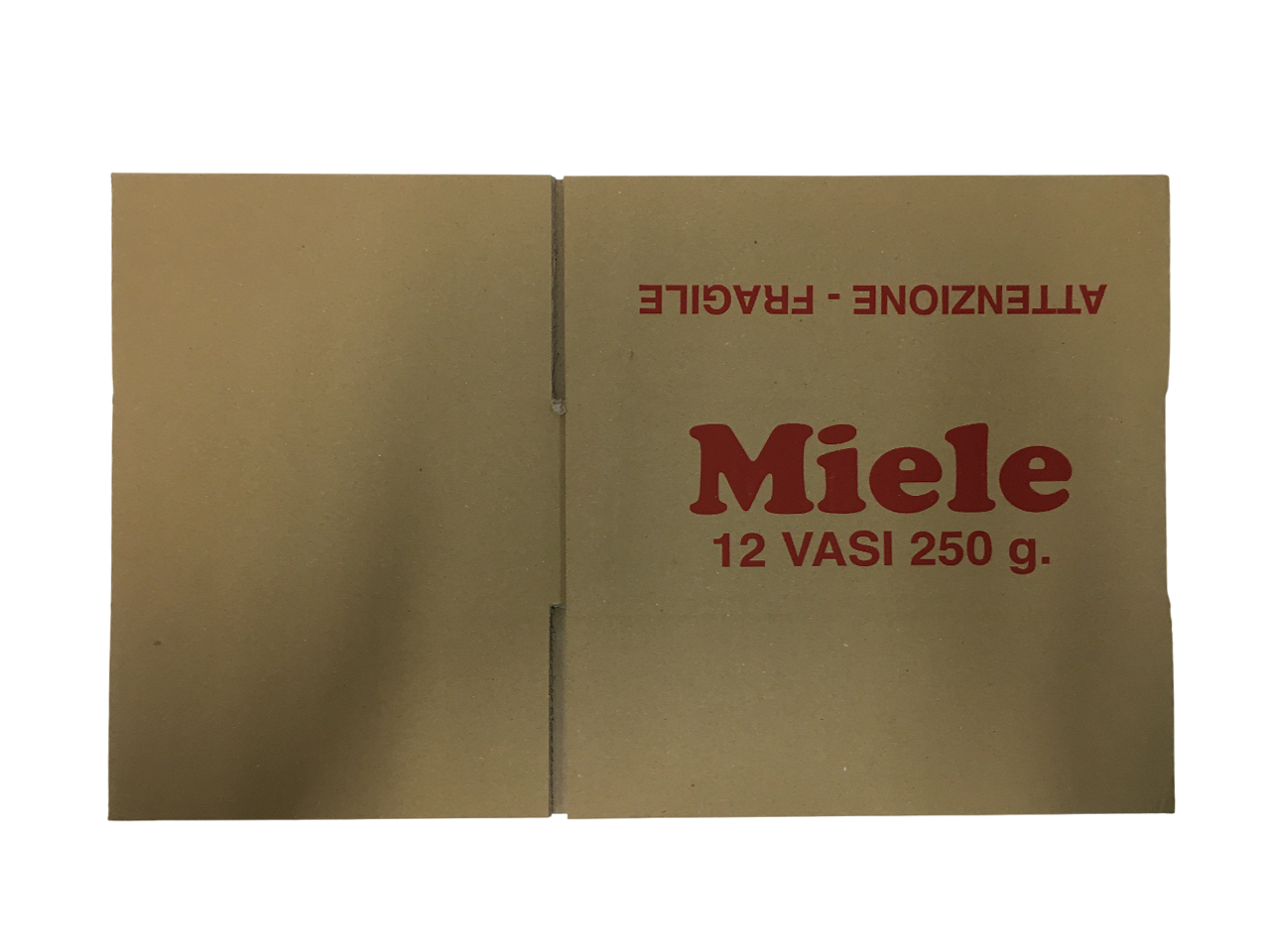 Scatola in cartone per imballaggio 12 vasi miele 250g vista dallalto con scritta miele e avvertenza fragile