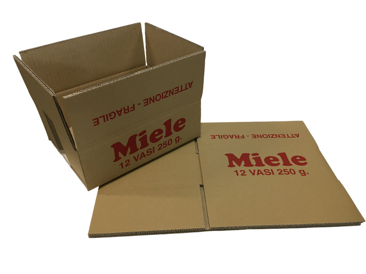 Scatola cartone imballaggio vasi miele 250g assemblata e stesa con dettaglio scritta miele attenzione fragile
