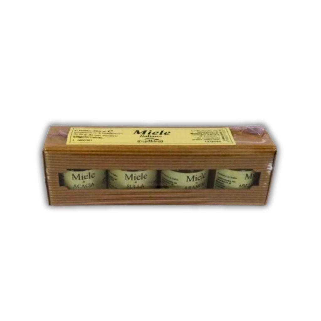 Confezione scatole cartoncino 4 vasetti da 50g miele chiusa